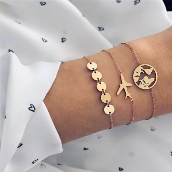 GIVVLLRY Gold Metal Sequins Chain Bracelets for Women Minimalist Creative Metal World Map Airplane Charm Bracelets Set Jewelry