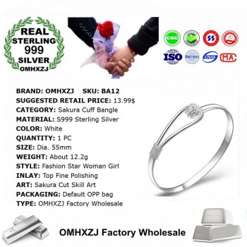 OMHXZJ Wholesale European Fashion Woman Girl Party Wedding Gift Sakura Resizable S999 Sterling Silver Cuff Bangle BA12