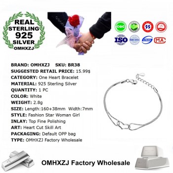 OMHXZJ Wholesale Personality Fashion OL Woman Girl Party Wedding Gift White Hollow Heart 925 Sterling Silver Bracelet BR38