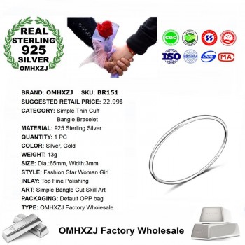 OMHXZJ Wholesale Personality Fashion OL Woman Girl Party Gift Silver Simple Thin 925 Sterling Silver Cuff Bangle Bracelet BR151
