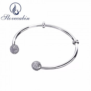 Slovecabin 2017 New Unique Moment Open Bangle Bracelet For Women 925 Sterling Silver Pave Stone Open Bangle For Bead DIY Jewelry