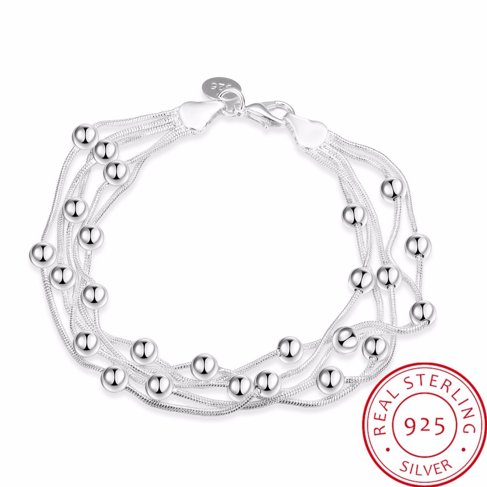 LEKANI 925 delicate silver bracelet, 925 Sterling Silver Fine jewelry Five Line Balls Bracelet bangles Pulseiras de Prata