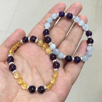 8mm Natural Aquamarine Bead Bracelet Women 925 Silver Charms Citrine Beads Bracelet Ladies Amethyst Natural Stone Bracelet Femme