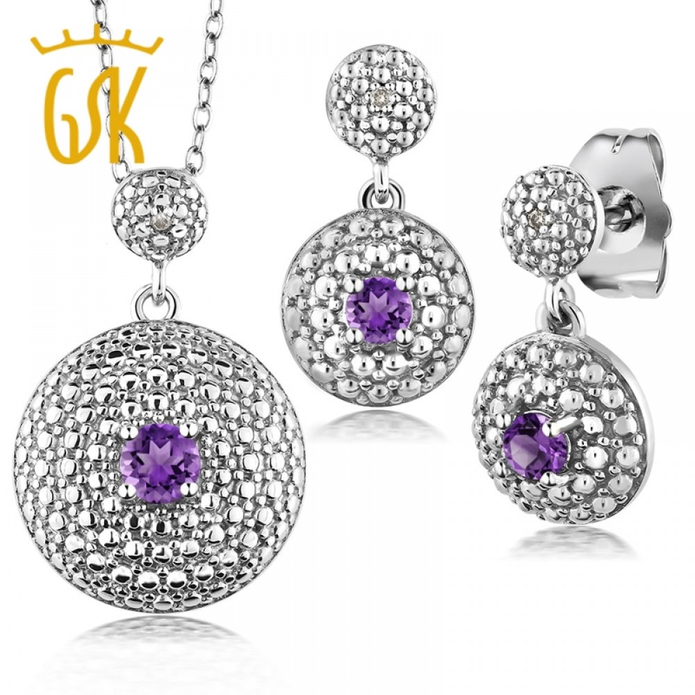 GemStoneKing 0.46 Ct Natural Purple Amethyst Diamond Jewelry Sets For Women Rhodium Plated Pendant Earrings Set