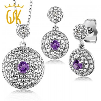 GemStoneKing 0.46 Ct Natural Purple Amethyst Diamond Jewelry Sets For Women Rhodium Plated Pendant Earrings Set