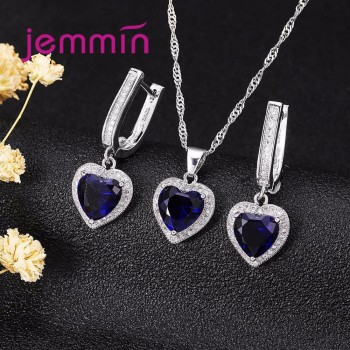 Jemmin Hot Sale Heart Shape Bule Crystal 925 Sterling Silver Necklace And Earrings Set For Women Female Party Engagement