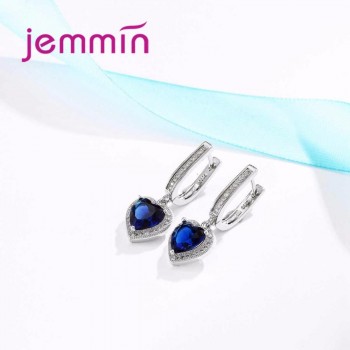 Jemmin Hot Sale Heart Shape Bule Crystal 925 Sterling Silver Necklace And Earrings Set For Women Female Party Engagement