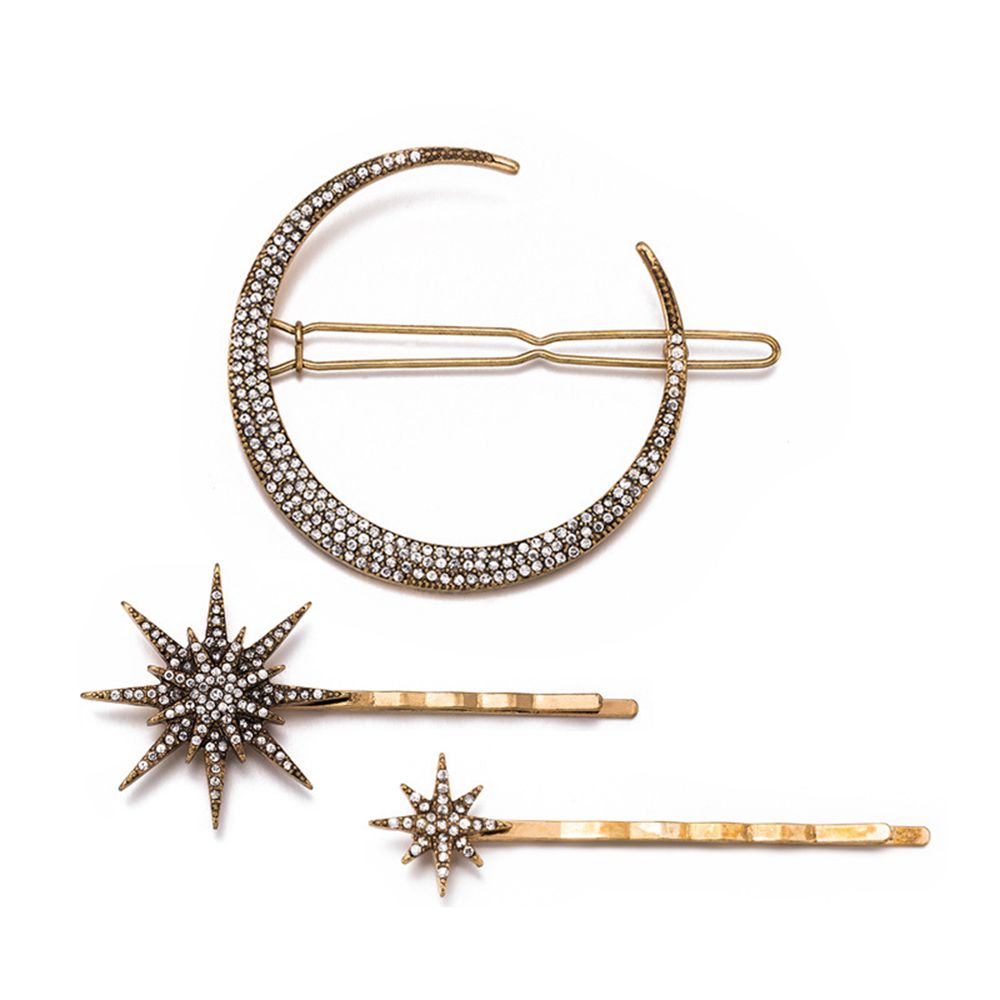3Pcs/set Rhinestone Moon Snowflake Star Hair Clips Vintage Alloy Geometric Hair Pin Set Hair Accessories LYY9048