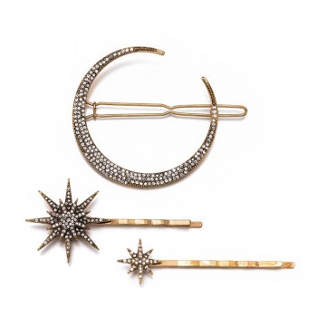 3Pcs/set Rhinestone Moon Snowflake Star Hair Clips Vintage Alloy Geometric Hair Pin Set Hair Accessories LYY9048