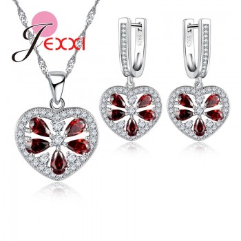 Jemmin Apple With Red Seed Top Quality Silver Crystal Jewelry Set 1pc Necklace Pendent With 1pair Earrings For Women