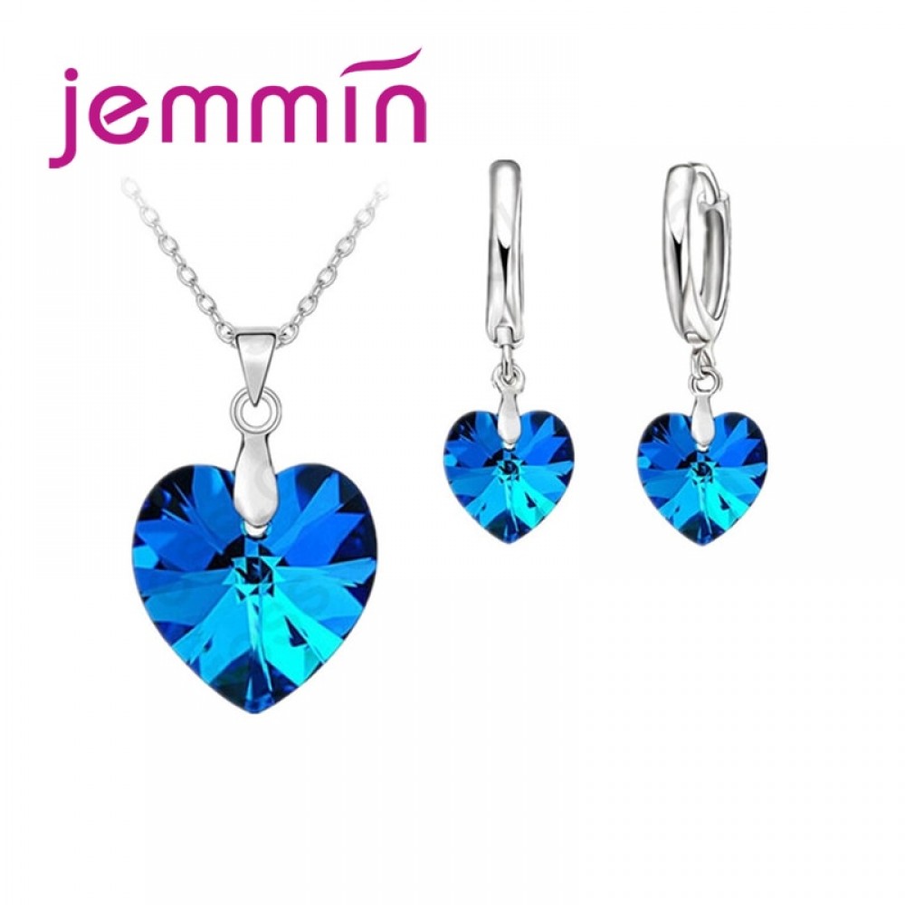 Jemmin One Set  Austrian Crystal 925 Sterling Silver Jewelry Heart Pendant Necklaces Lever Back Earrings Woman Accessories Gift