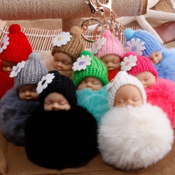 New sleeping baby keychain fake Fur Pom Pom Key Chain Women Trinket Car Key Ring Keychain Jewelry Gift fluffy keychain on bag