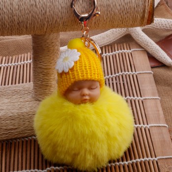 New sleeping baby keychain fake Fur Pom Pom Key Chain Women Trinket Car Key Ring Keychain Jewelry Gift fluffy keychain on bag