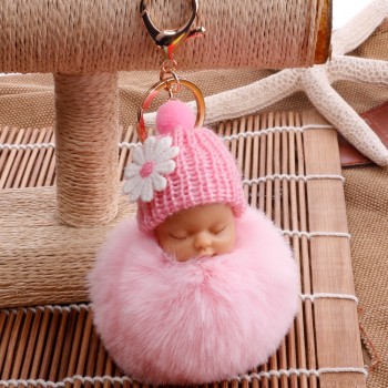 New sleeping baby keychain fake Fur Pom Pom Key Chain Women Trinket Car Key Ring Keychain Jewelry Gift fluffy keychain on bag