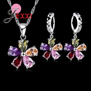 Jemmin 925 Sterling Five Petaled Flowers Shinning Colorful Crystal Pendant Jewelry Sets Gift Necklace Dangle/Hoop Earring Sets