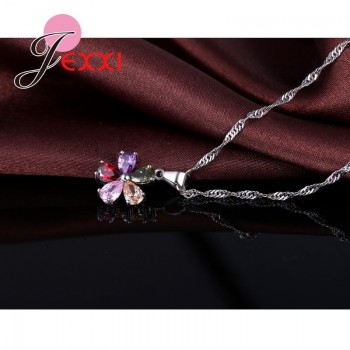 Jemmin 925 Sterling Five Petaled Flowers Shinning Colorful Crystal Pendant Jewelry Sets Gift Necklace Dangle/Hoop Earring Sets