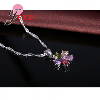 Jemmin 925 Sterling Five Petaled Flowers Shinning Colorful Crystal Pendant Jewelry Sets Gift Necklace Dangle/Hoop Earring Sets