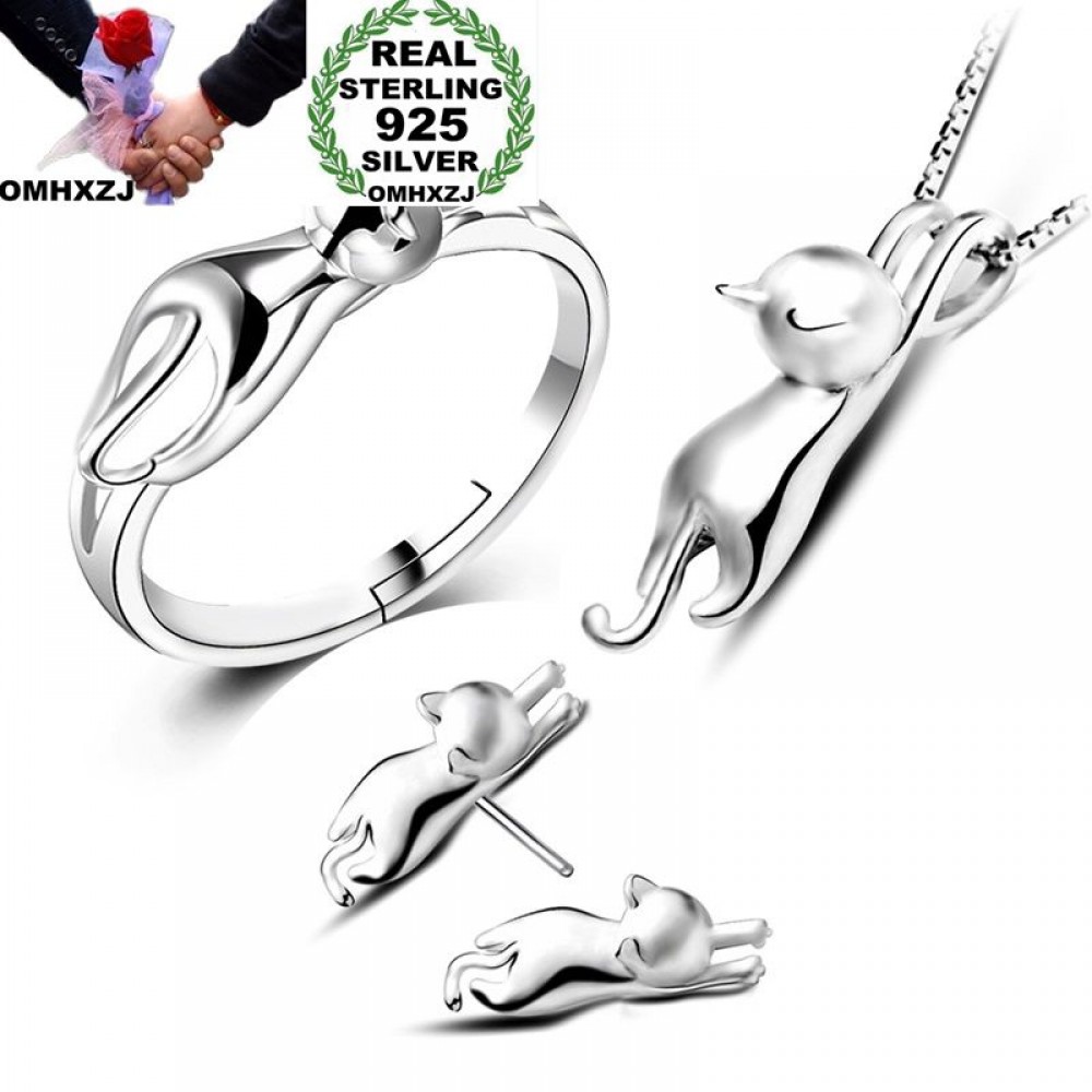 OMHXZJ Wholesale Personality Fashion OL Woman Girl Silver Cat 925 Sterling Silver Stud Earrings+Ring+Necklace Jewelry Set SE22
