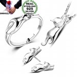 OMHXZJ Wholesale Personality Fashion OL Woman Girl Silver Cat 925 Sterling Silver Stud Earrings+Ring+Necklace Jewelry Set SE22