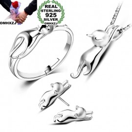 OMHXZJ Wholesale Personality Fashion OL Woman Girl Silver Cat 925 Sterling Silver Stud Earrings+Ring+Necklace Jewelry Set SE22
