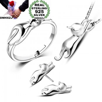 OMHXZJ Wholesale Personality Fashion OL Woman Girl Silver Cat 925 Sterling Silver Stud Earrings+Ring+Necklace Jewelry Set SE22