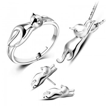 OMHXZJ Wholesale Personality Fashion OL Woman Girl Silver Cat 925 Sterling Silver Stud Earrings+Ring+Necklace Jewelry Set SE22