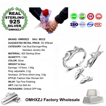 OMHXZJ Wholesale Personality Fashion OL Woman Girl Silver Cat 925 Sterling Silver Stud Earrings+Ring+Necklace Jewelry Set SE22