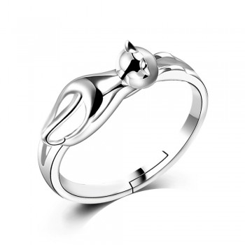OMHXZJ Wholesale Personality Fashion OL Woman Girl Silver Cat 925 Sterling Silver Stud Earrings+Ring+Necklace Jewelry Set SE22