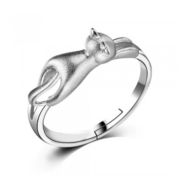 OMHXZJ Wholesale Personality Fashion OL Woman Girl Silver Cat 925 Sterling Silver Stud Earrings+Ring+Necklace Jewelry Set SE22
