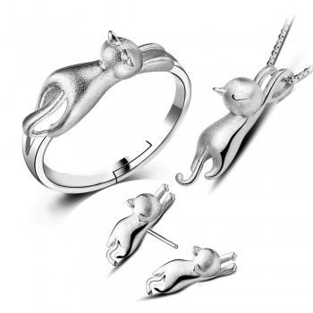 OMHXZJ Wholesale Personality Fashion OL Woman Girl Silver Cat 925 Sterling Silver Stud Earrings+Ring+Necklace Jewelry Set SE22