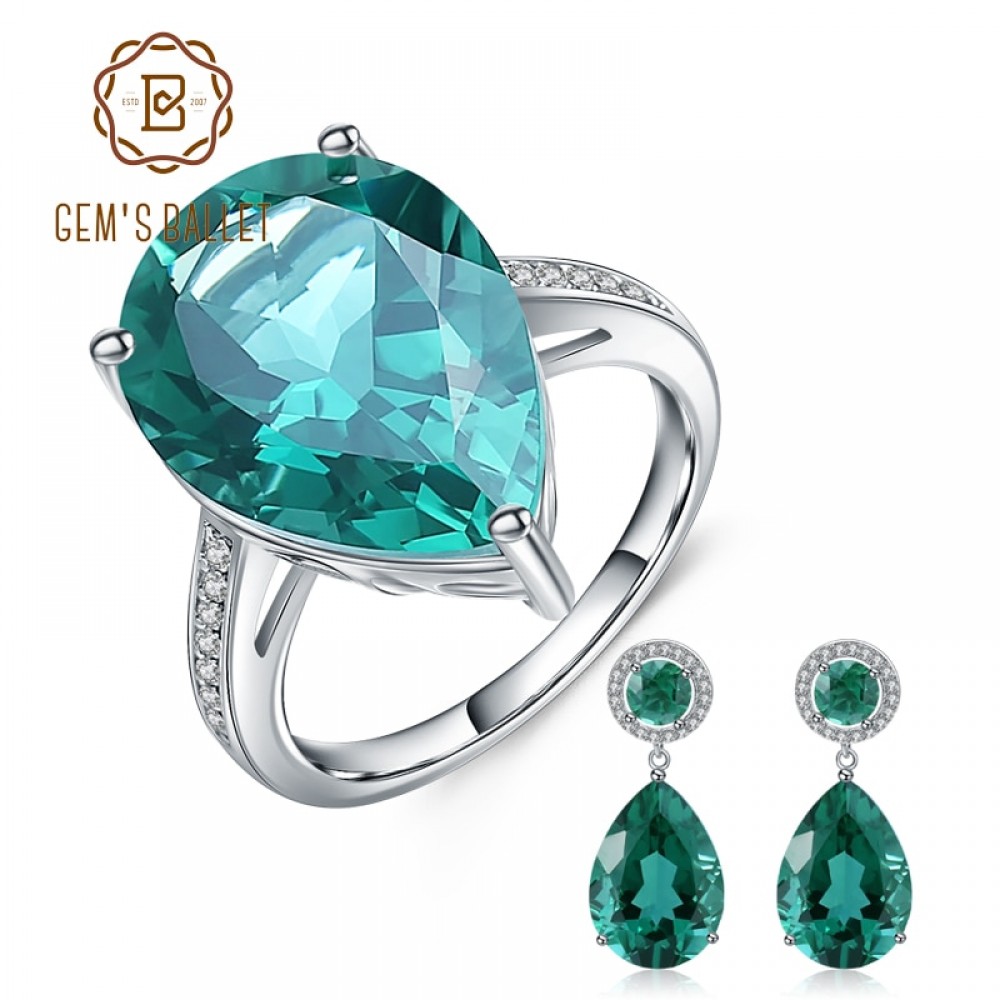 GEMS BALLET Luxury Russian Nano Emerald Ring Earrings Jewelry Set 925 Sterling Silver Engagement Fine Jewelry For Women
