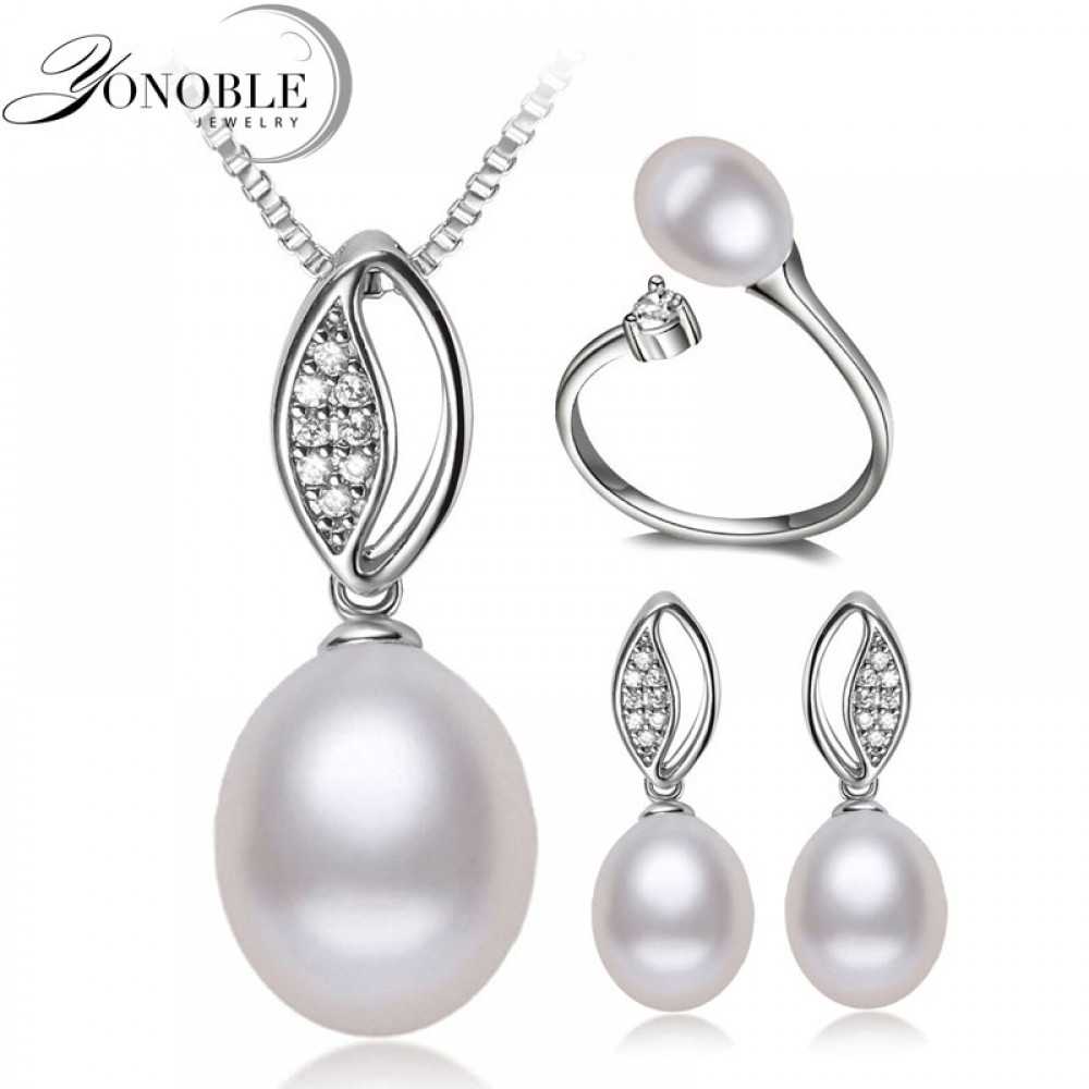 Real Natural Wedding Pearl Jewelry women,Freshwater Pearl Jewelry Sets 925 Sterling Silver Earring sets Wife Birthday Gift White