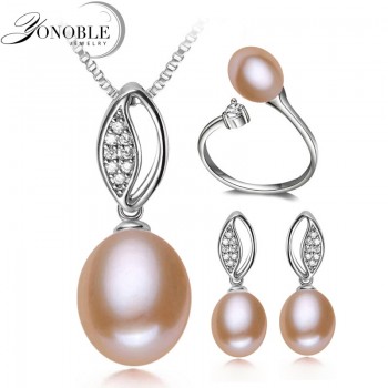 Real Natural Wedding Pearl Jewelry women,Freshwater Pearl Jewelry Sets 925 Sterling Silver Earring sets Wife Birthday Gift White