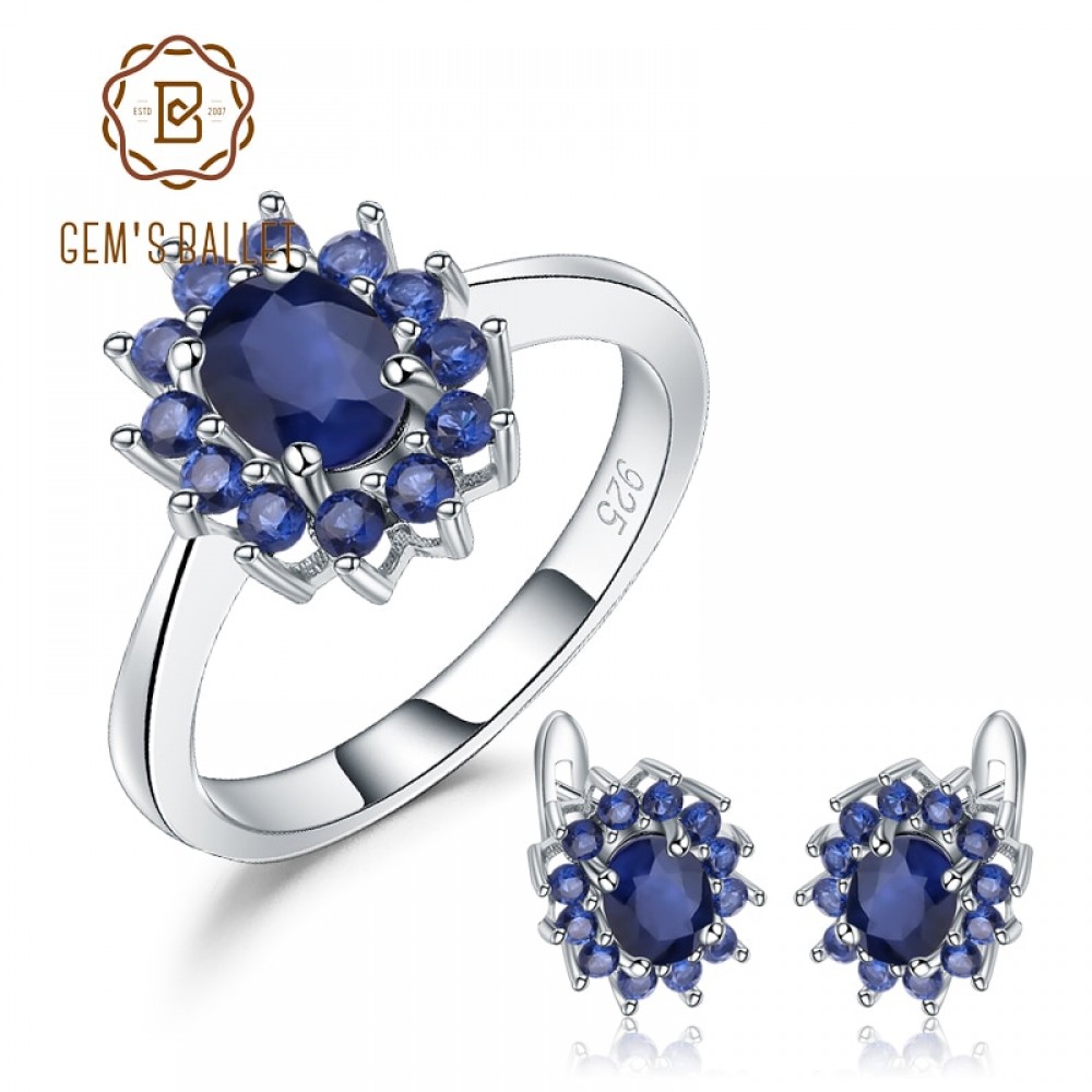 GEMS BALLET Princess Diana Natural Blue Sapphire Flower Earrings Ring Set 925 Sterling Silver Jewelry Set For Women Wedding