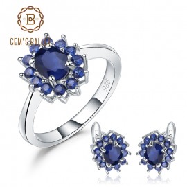GEMS BALLET Princess Diana Natural Blue Sapphire Flower Earrings Ring Set 925 Sterling Silver Jewelry Set For Women Wedding