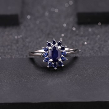 GEMS BALLET Princess Diana Natural Blue Sapphire Flower Earrings Ring Set 925 Sterling Silver Jewelry Set For Women Wedding