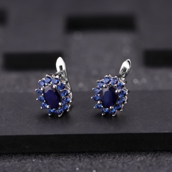GEMS BALLET Princess Diana Natural Blue Sapphire Flower Earrings Ring Set 925 Sterling Silver Jewelry Set For Women Wedding