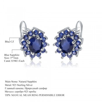 GEMS BALLET Princess Diana Natural Blue Sapphire Flower Earrings Ring Set 925 Sterling Silver Jewelry Set For Women Wedding