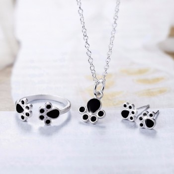 OMHXZJ Wholesale Personality Fashion OL Woman Black Cat Claw 925 Sterling Silver Stud Earrings+Ring+Necklace Jewelry Set SE17