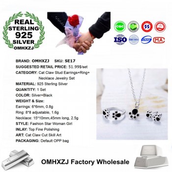 OMHXZJ Wholesale Personality Fashion OL Woman Black Cat Claw 925 Sterling Silver Stud Earrings+Ring+Necklace Jewelry Set SE17
