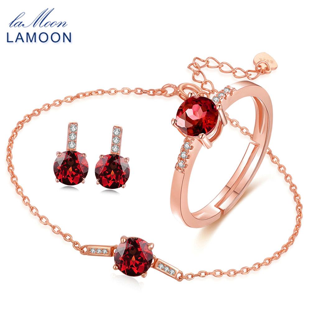 LAMOON 2017 New 100% Real Natural Red Garnet 925-Sterling-Silver Jewelry Sets 3PCS S925 Fine Jewellery for Women Party V014-4
