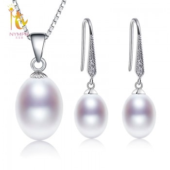 [NYMPH]Natural Pearl Jewelry Sets 925 Sterling Silver Pendant Earrings Real Fresh Water Jewelry With Box Wedding Party [SET53]