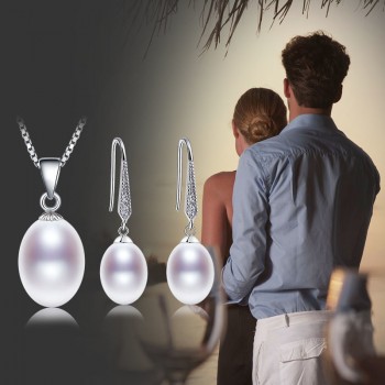 [NYMPH]Natural Pearl Jewelry Sets 925 Sterling Silver Pendant Earrings Real Fresh Water Jewelry With Box Wedding Party [SET53]