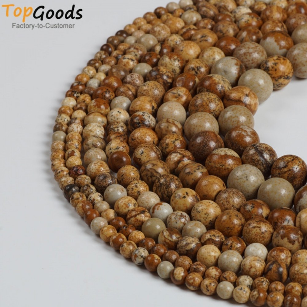 TopGoods Natural Picture Jasper Stone  Round Brown Loose Beads  for Jewelry Making Bracelet Pick Size 4 6 8 10mm