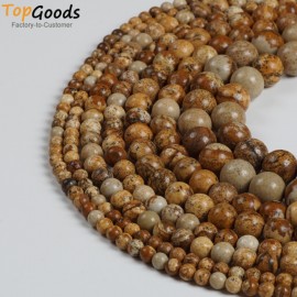 TopGoods Natural Picture Jasper Stone  Round Brown Loose Beads  for Jewelry Making Bracelet Pick Size 4 6 8 10mm