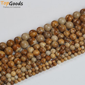 TopGoods Natural Picture Jasper Stone  Round Brown Loose Beads  for Jewelry Making Bracelet Pick Size 4 6 8 10mm