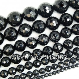 Natural Stone Faceted Black Agata Onyx Round Loose Spacer Beads 4 6 8 10 12 14mm 15Strand For Jewelry Making DIY Bracelet