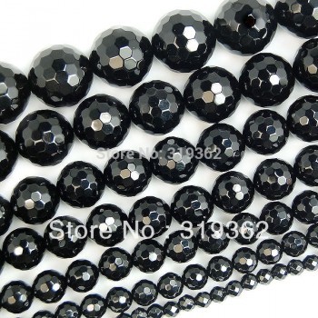 Natural Stone Faceted Black Agata Onyx Round Loose Spacer Beads 4 6 8 10 12 14mm 15Strand For Jewelry Making DIY Bracelet