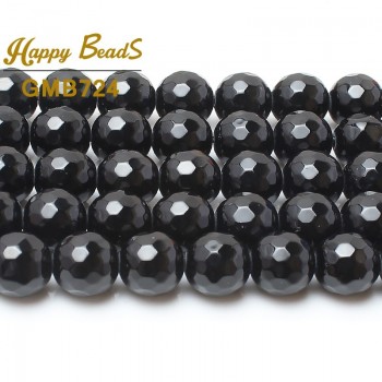 Natural Stone Faceted Black Agata Onyx Round Loose Spacer Beads 4 6 8 10 12 14mm 15Strand For Jewelry Making DIY Bracelet