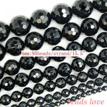 Natural Stone Faceted Black Agata Onyx Round Loose Spacer Beads 4 6 8 10 12 14mm 15Strand For Jewelry Making DIY Bracelet